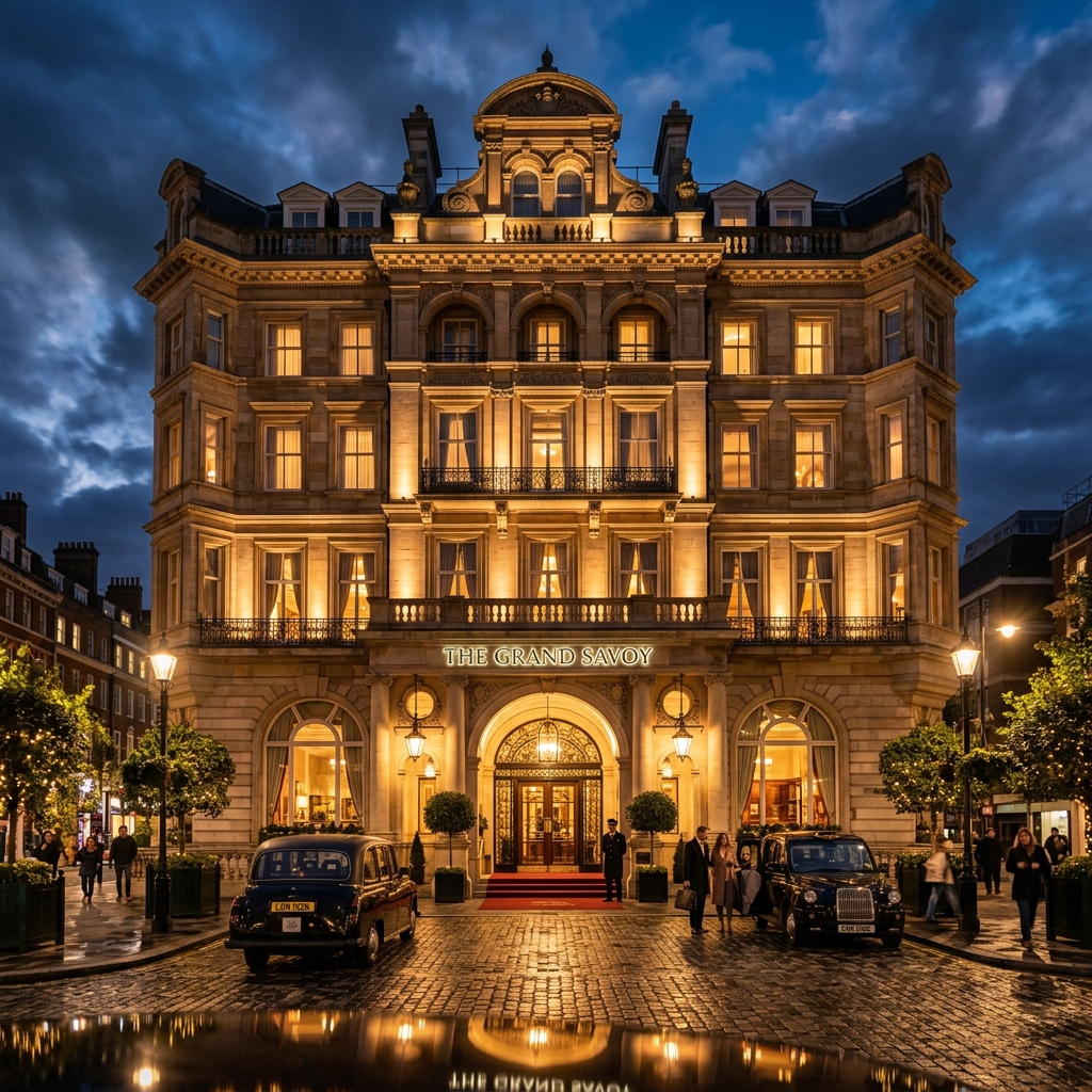 Genesee Grande Hotel exterior at night